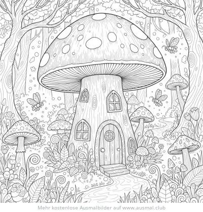 Pilzhaus Ausmalbild im Wald