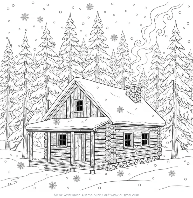 Blockhütte im Winterwald Ausmalbild