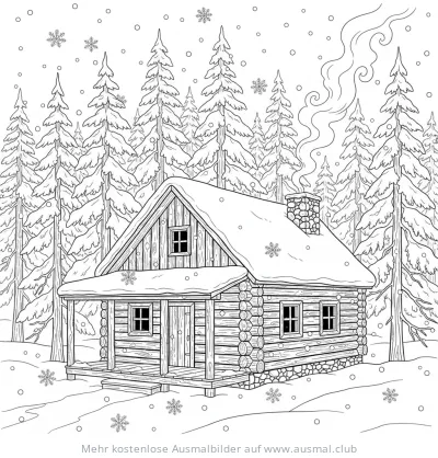 Blockhütte im Winterwald Ausmalbild