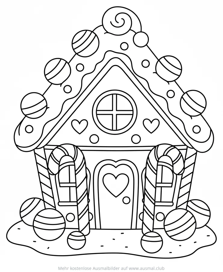 Lebkuchenhaus Ausmalbild mit Zuckerstangen und Bonbons