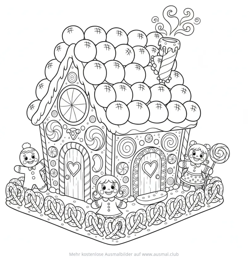 Lebkuchenhaus Ausmalbild mit Lebkuchenfiguren und Brezeln