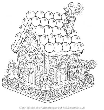 Lebkuchenhaus Ausmalbild mit Lebkuchenfiguren und Brezeln