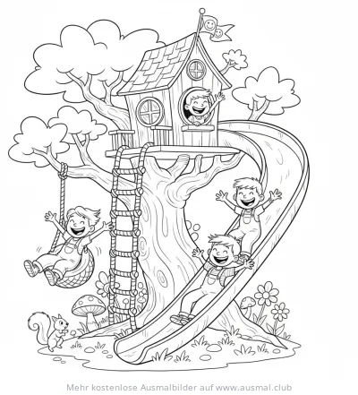 Baumhaus mit Rutsche und Kindern Ausmalbild