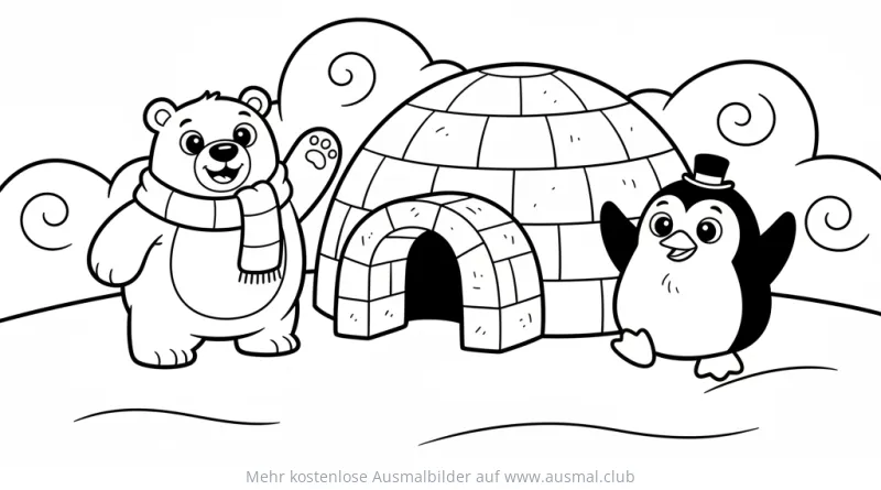 Eisbär, Pinguin mit Zylinder und Iglu Ausmalbild