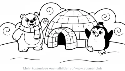 Eisbär, Pinguin mit Zylinder und Iglu Ausmalbild