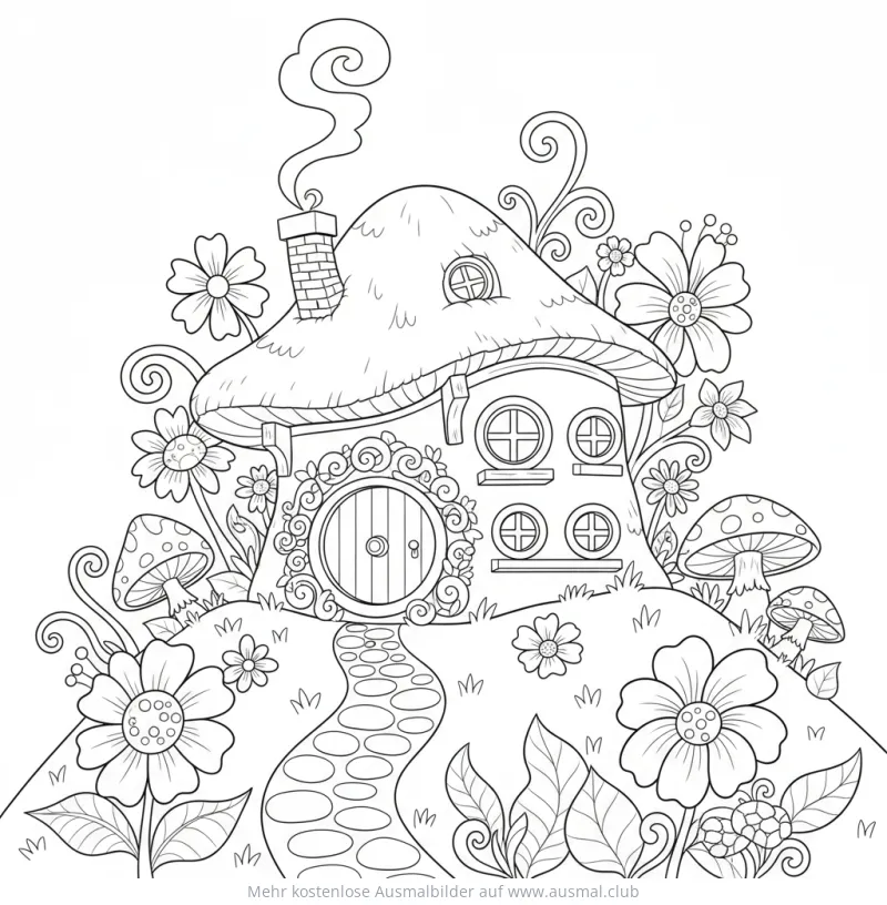 Hobbit Haus Ausmalbild mit Blumen und Pilzen