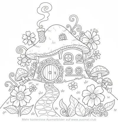 Hobbit Haus Ausmalbild mit Blumen und Pilzen