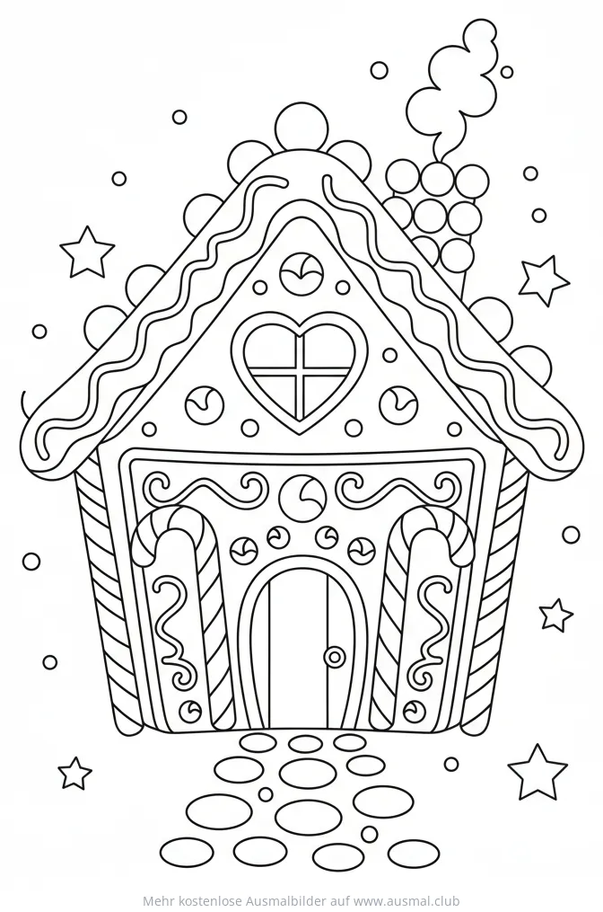 Lebkuchenhaus Ausmalbild mit Zuckerstangen und Herzfenster