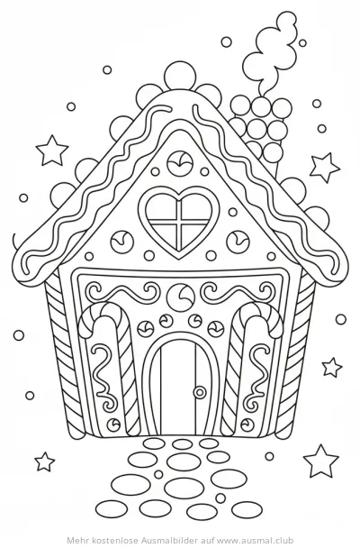 Lebkuchenhaus Ausmalbild mit Zuckerstangen und Herzfenster