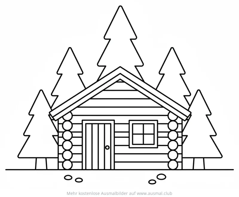 Blockhütte Ausmalbild mit Tannenbäumen