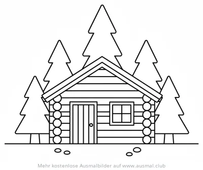 Blockhütte Ausmalbild mit Tannenbäumen