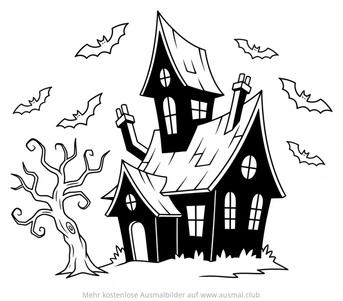 Spukhaus mit Fledermäusen Ausmalbild