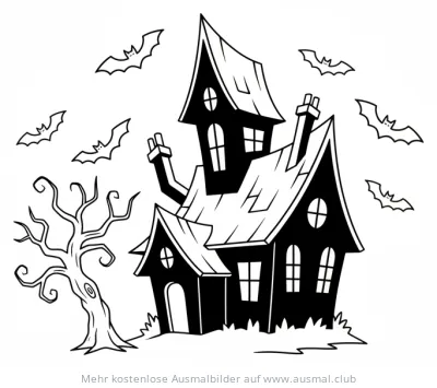 Spukhaus mit Fledermäusen Ausmalbild