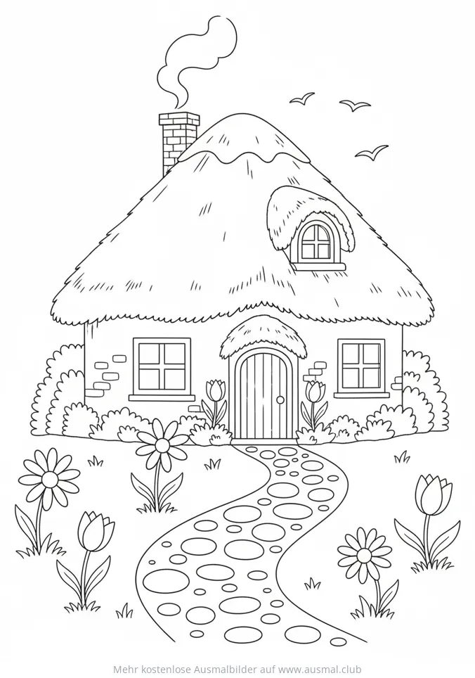 Cottage mit Blumen und gepflastertem Weg Ausmalbild