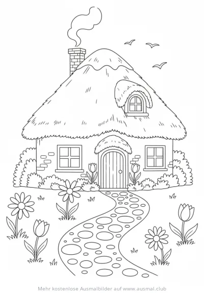 Cottage mit Blumen und gepflastertem Weg Ausmalbild