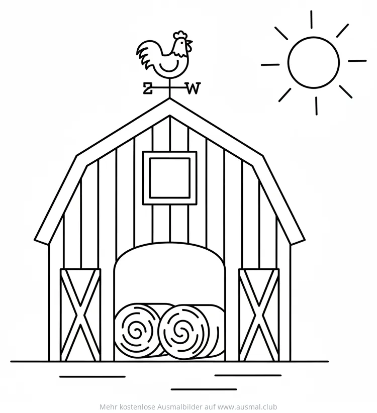 Scheune Ausmalbild mit Heuballen und Wetterhahn