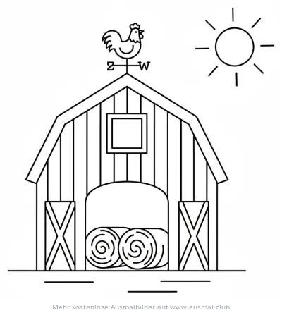 Scheune Ausmalbild mit Heuballen und Wetterhahn