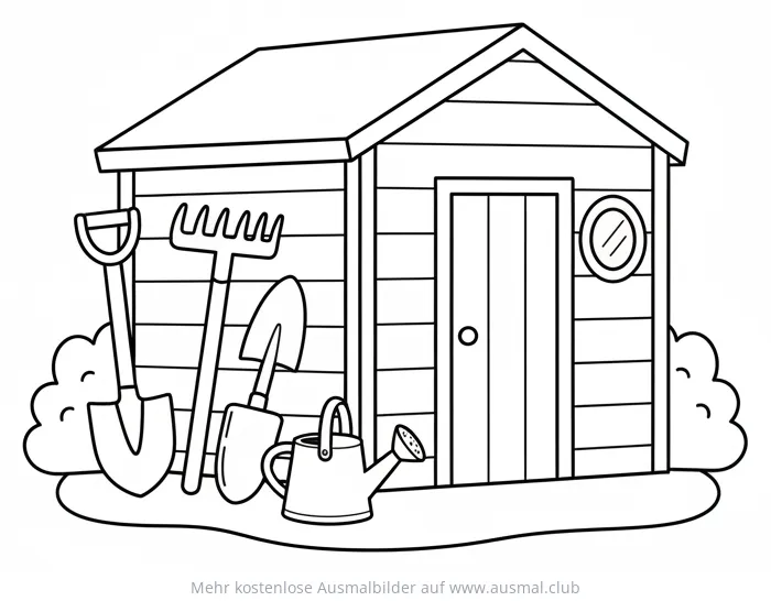 Gartenhaus mit Gartengeräten Ausmalbild