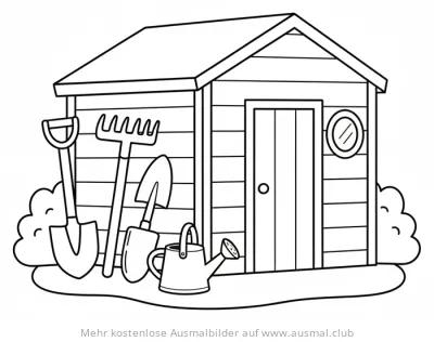 Gartenhaus mit Gartengeräten Ausmalbild