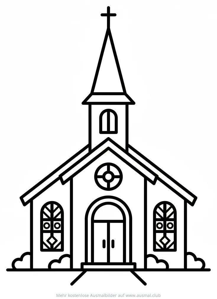 Kirche Ausmalbild mit Kirchturm und Kreuz