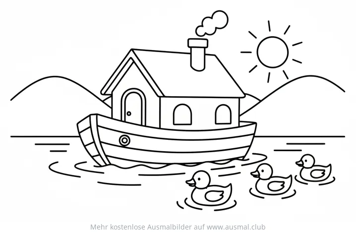 Hausboot mit Entenküken auf dem Wasser Ausmalbild