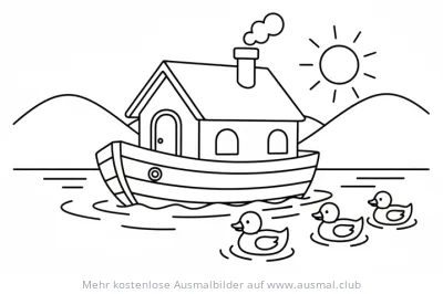 Hausboot mit Entenküken auf dem Wasser Ausmalbild