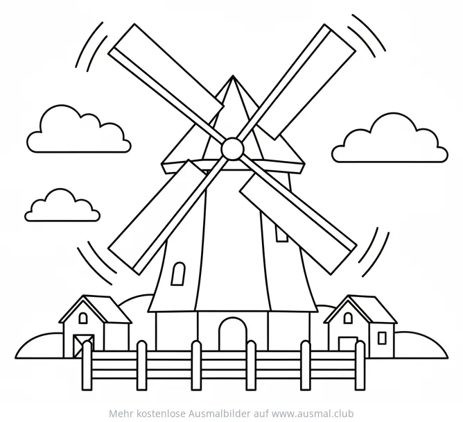 Windmühle Ausmalbild mit Häusern und Wolken