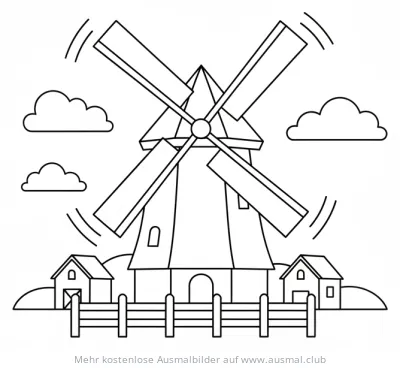 Windmühle Ausmalbild mit Häusern und Wolken