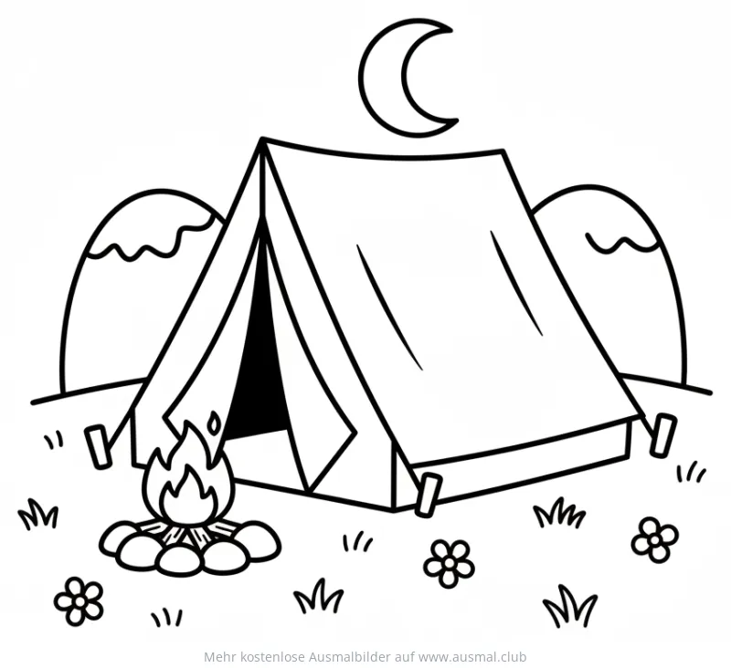 Zelt Ausmalbild mit Lagerfeuer, Bergen und Mond