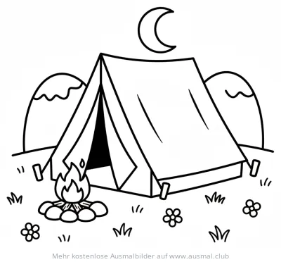 Zelt Ausmalbild mit Lagerfeuer, Bergen und Mond
