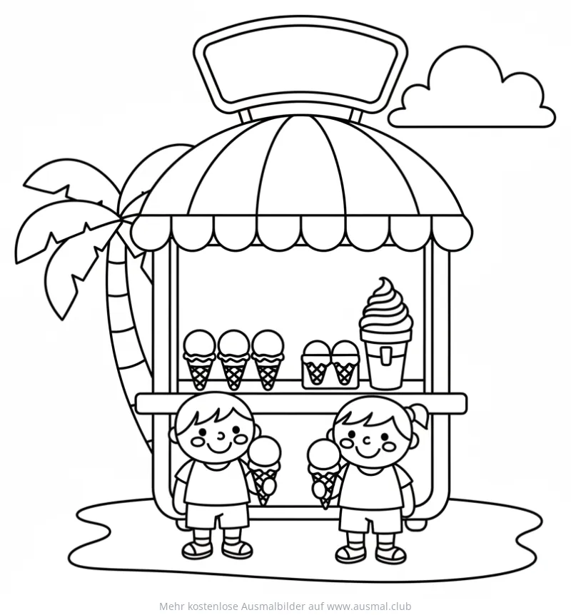 Eis Kiosk mit Kindern Ausmalbild