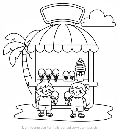 Eis Kiosk mit Kindern Ausmalbild