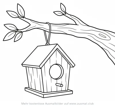 Vogelhaus Ausmalbild an einem Ast