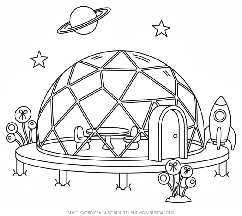 Kuppelhaus mit Rakete und Planeten Ausmalbild