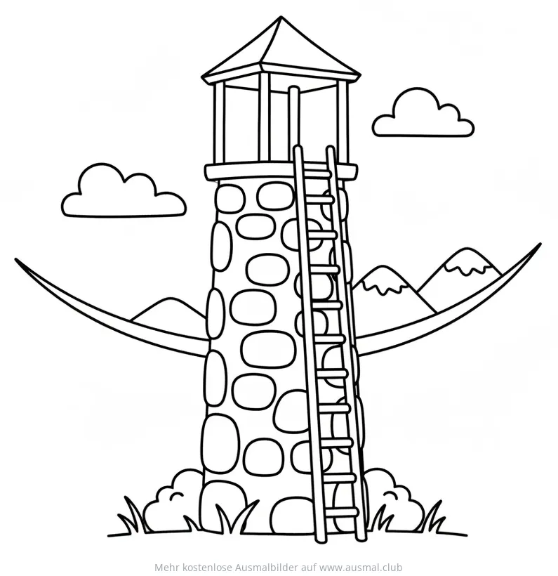 Wachturm mit Leiter in Landschaft Ausmalbild