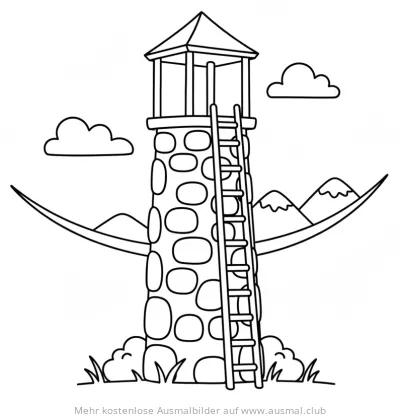 Wachturm mit Leiter in Landschaft Ausmalbild