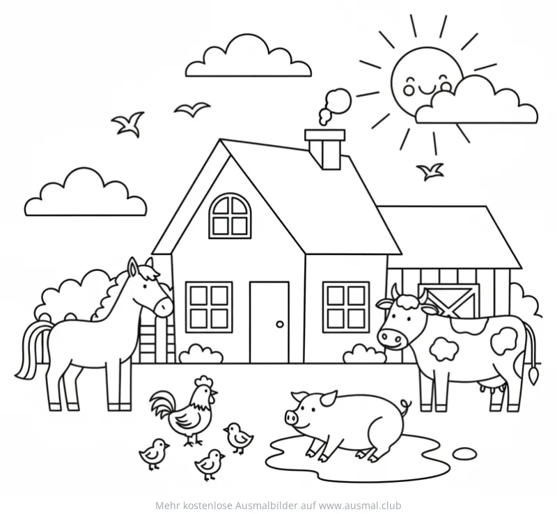 Bauernhaus mit Tieren Ausmalbild: Pferd, Kuh, Schwein, Hahn und Küken