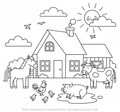 Bauernhaus mit Tieren Ausmalbild: Pferd, Kuh, Schwein, Hahn und Küken