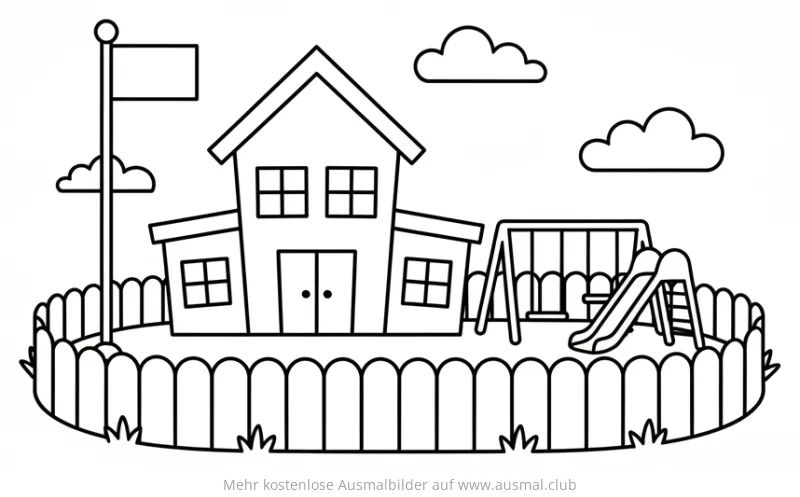 Schule mit Spielplatz Ausmalbild