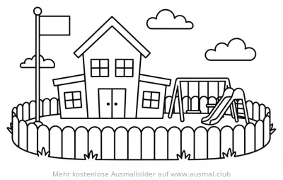 Schule mit Spielplatz Ausmalbild