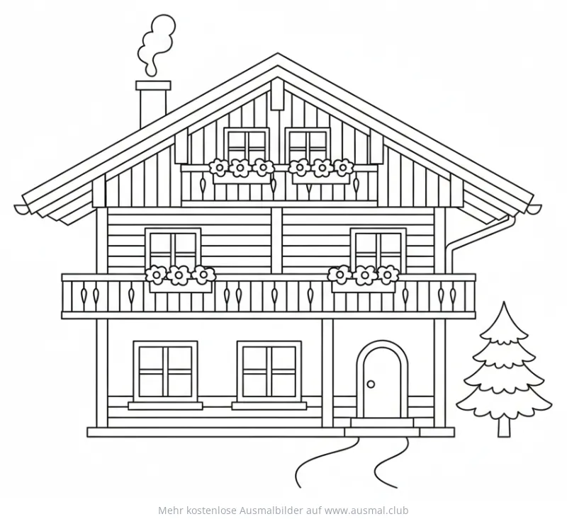 Chalet Ausmalbild mit Balkon und Tanne