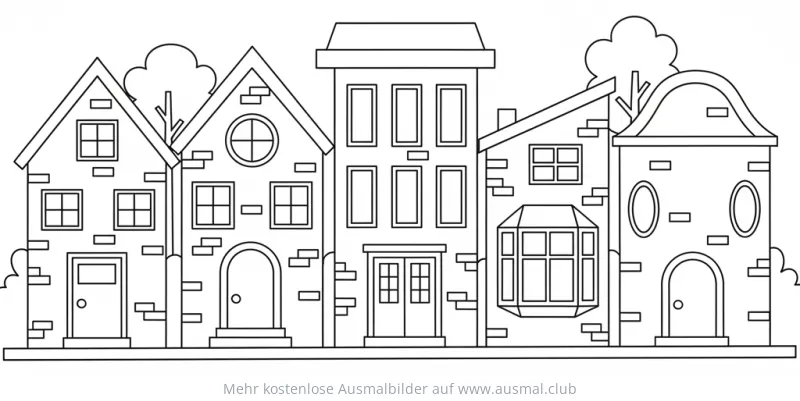 Stadthäuser Ausmalbild mit verschiedenen Häuserfassaden