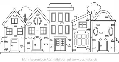 Stadthäuser Ausmalbild mit verschiedenen Häuserfassaden