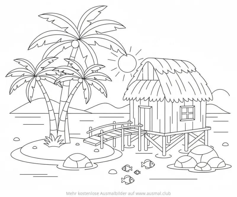 Pfahlbau mit Palmen und Fischen Ausmalbild