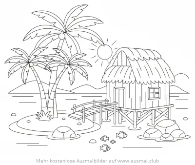 Pfahlbau mit Palmen und Fischen Ausmalbild