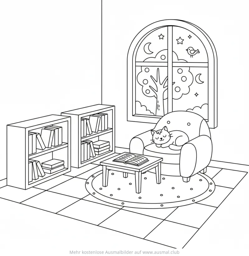 Gemütliches Zimmer mit Katze im Sessel Ausmalbild