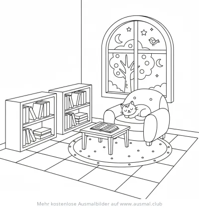 Gemütliches Zimmer mit Katze im Sessel Ausmalbild