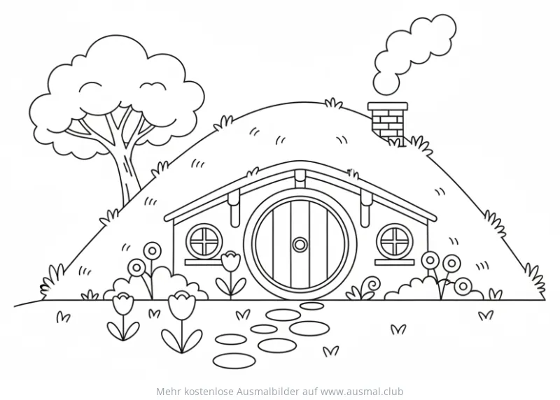Hobbit Haus Ausmalbild mit runder Tür und Baum