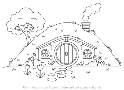 Hobbit Haus Ausmalbild mit runder Tür und Baum
