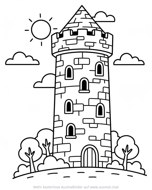Mittelalterlicher Turm mit Wolken und Sonne Ausmalbild